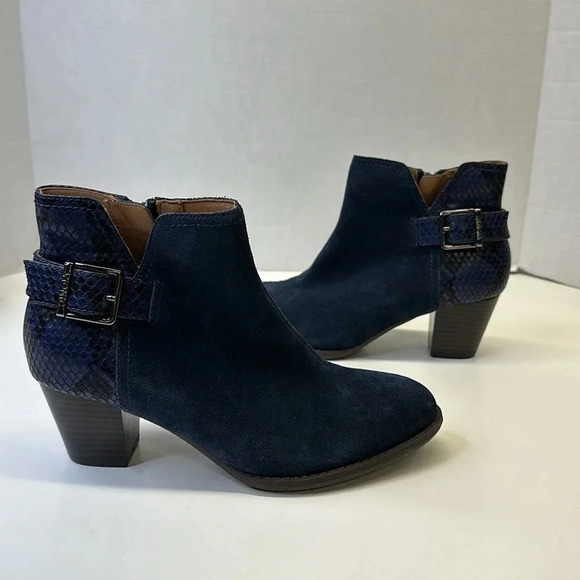 Vionic Naomi Heeled Ankle Boots Booties Zip Up Suede Snake Print Blue Size 6.5 - Picture 1 of 9